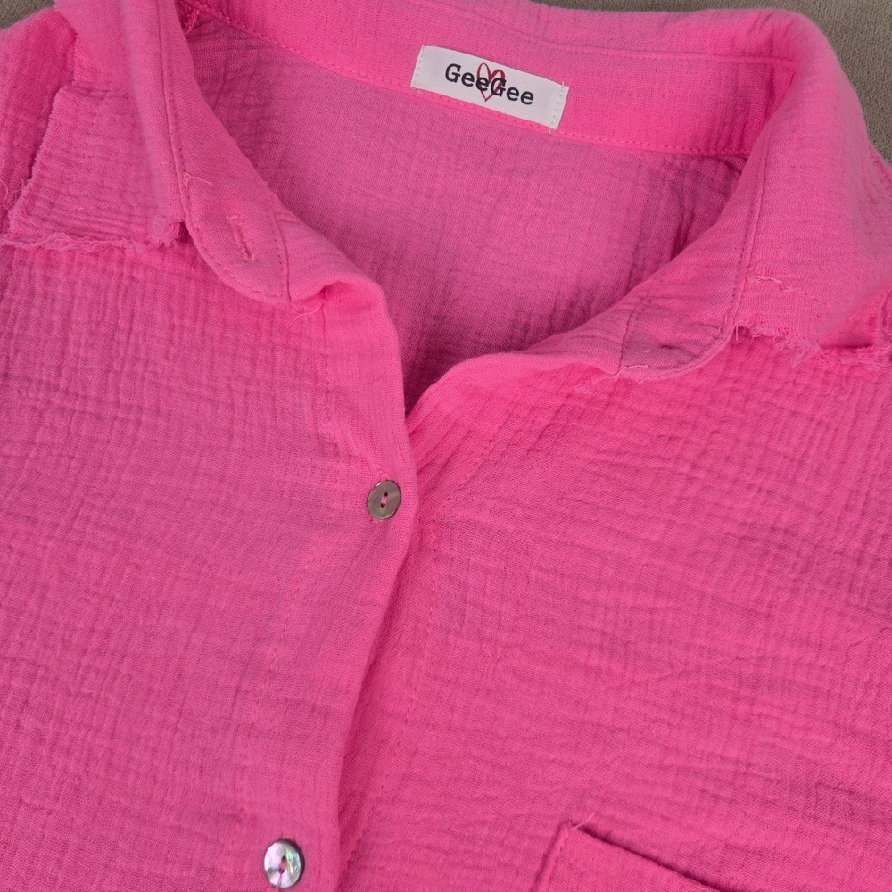 GeeGee Hot Pink Cotton Double Gauze Short Sleeve Button Down Shirt Med Oversized